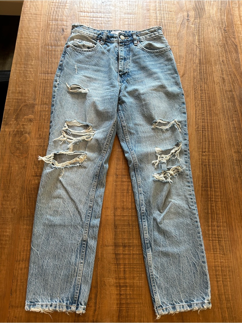 Zara Light Wash Distressed Straight Jeans
